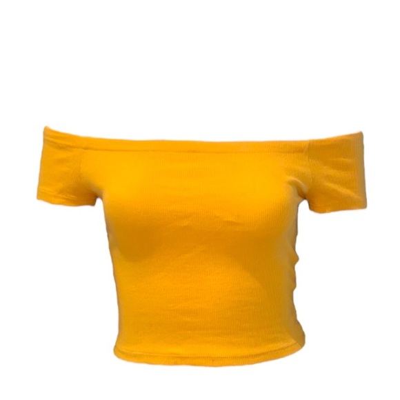 Zara Trafalgar Mustard Yellow Off the Shoulder Ribbed Crop Top Small - Picture 1 of 4